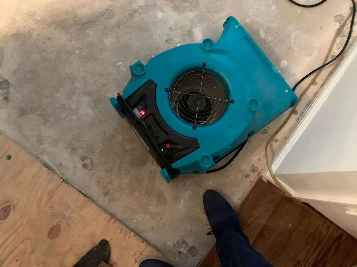 Air mover drying subfloor during Commercial Water Damage Restoration in Gardena